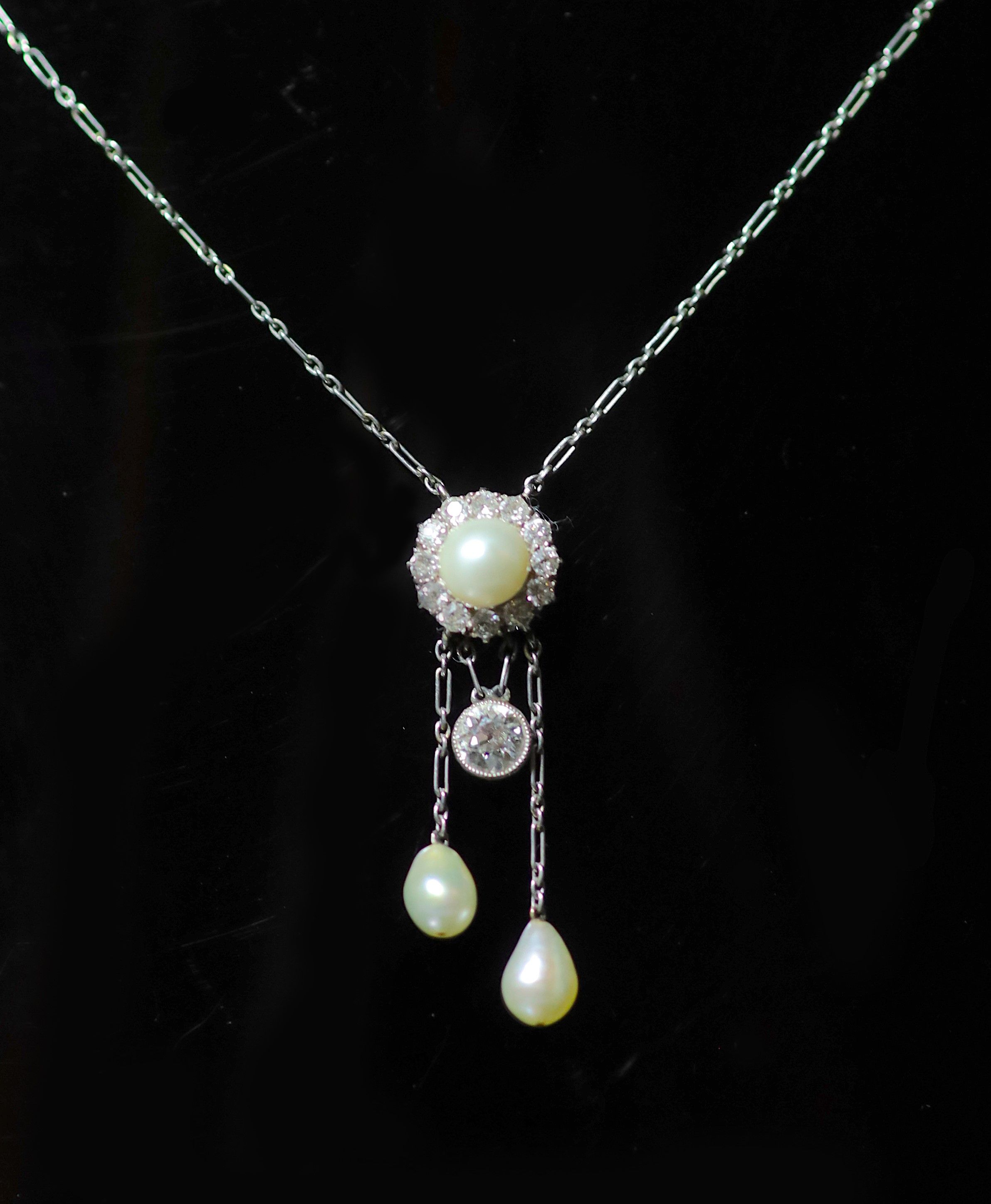 A late Victorian gold and platinum, diamond and pearl set drop pendant necklace